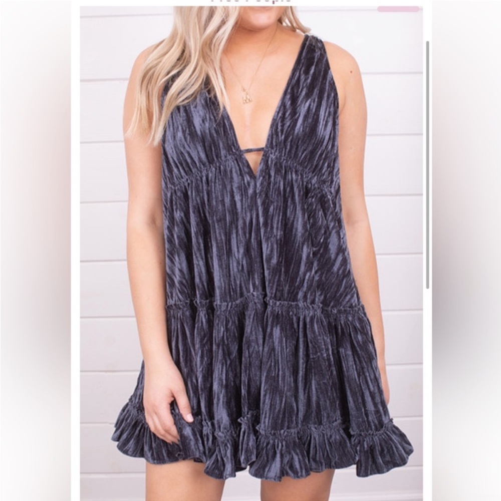 Free People Pleated Plush Swing Mini Dress Size XS Blue